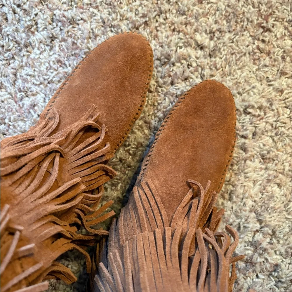 Minnetonka Fringe Suede Knee-High Boots - Brown - Picture 3 of 5